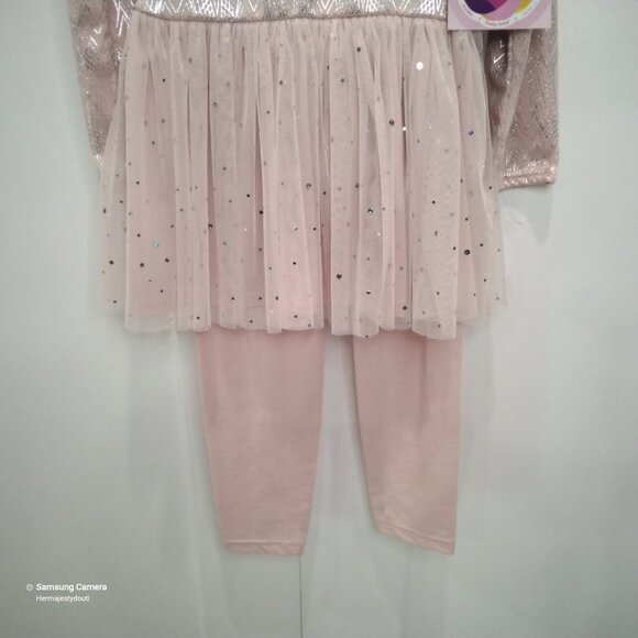 Youngland Girls Pink & Silver Metallic Tutu Tull Sequin Dress & Pants Set NWT 6 - Picture 3 of 7